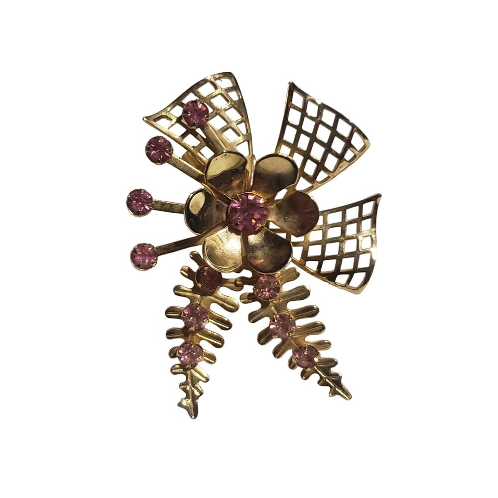 Vintage Mid-century Modern Goldtone Ribbon & Pink Rhinestone Flower Brooch